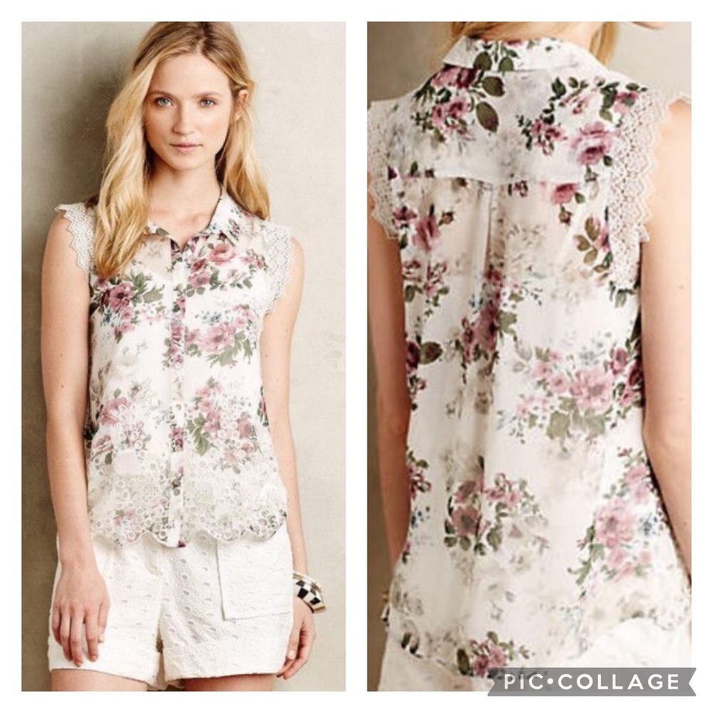 EUC Meadow Rue White Floral Syden Button-down Top